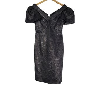 Badgley Mischka off the shoulder black metalic midi dress